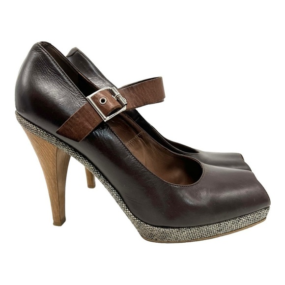 Marni Brown Leather Colorblock Tweed Peep Toe Maryjane Platform Heels Women’s 8 - Picture 4 of 12